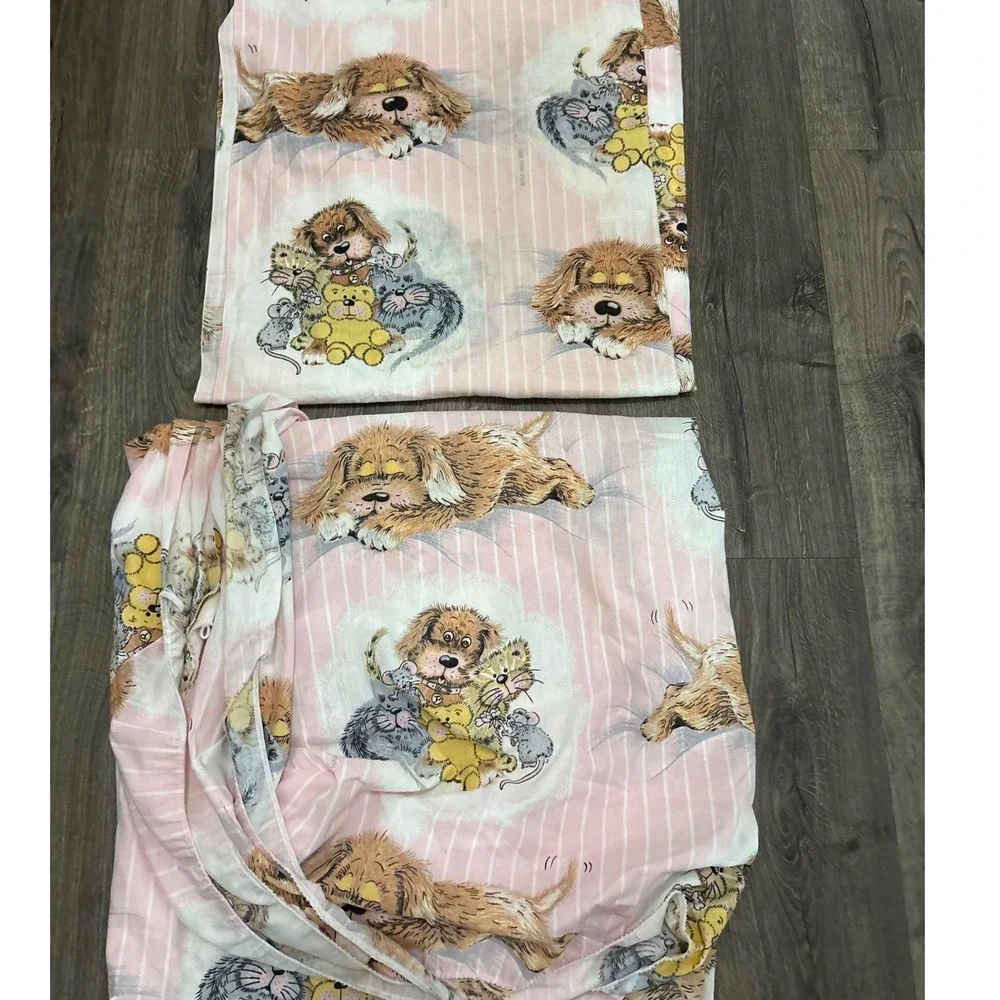 Vintage Sue Hall 1990 Bed Sheets Set Pink Striped Dog Cat Mouse Teddy Bear Print